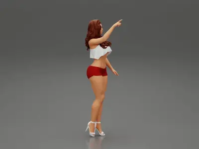woman standing in mini short and heels with her hand indicating 3D print model