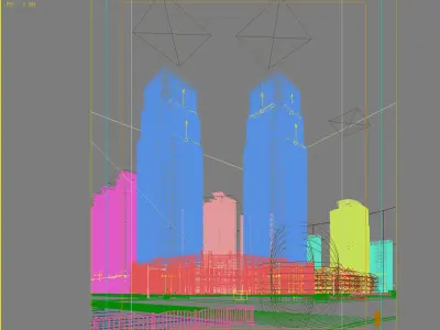 Architecture two tall buildings in middle of city 3D model
