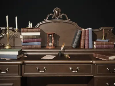 Grand Victorian Desk with Props Low-poly 3D model