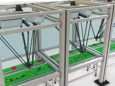 3 Delta Robot  - Station  Assembly Process Line  Low-poly 3D model