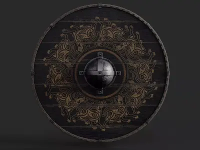 Slavic round wooden shield-painted black with fenrir symbol Low-poly 3D model
