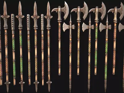 Medieval Weapon Rack Polearm Spear Axe Halberd Mace Set  Low-poly 3D model