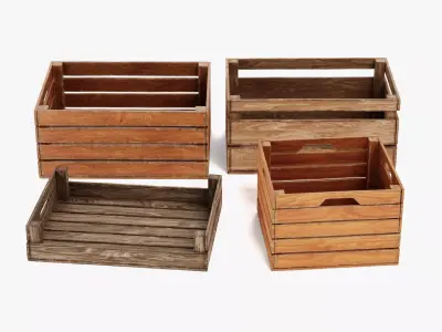 Wooden Boxes - 4 Open Slatted Storage Crates 3D model