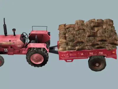 Tafe Tractor X2 With Trailer 3D Model Low-poly 3D model