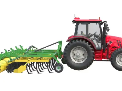 Tractor and Agricultural Cultivator  Low-poly 3D model