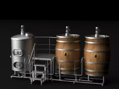 Microbrewery System Beer Fermentation Tank Wooden Barrel PBR 3D model