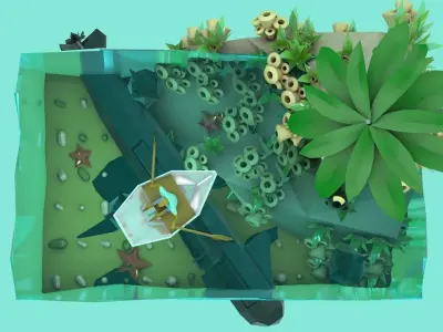 Lowpoly Submarine fish tank with boat and palm trees Low-poly 3D model