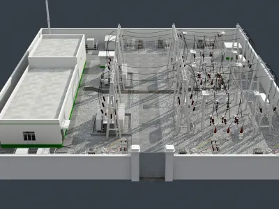 substation power station with wires and poles 3D model