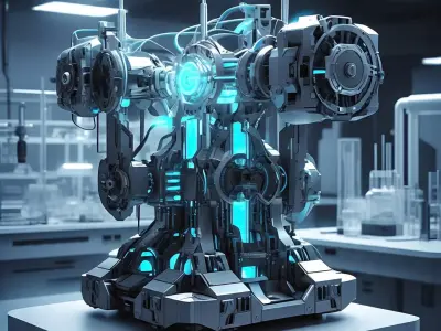 Futuristic high tech machinery with blue lights Low-poly 3D model