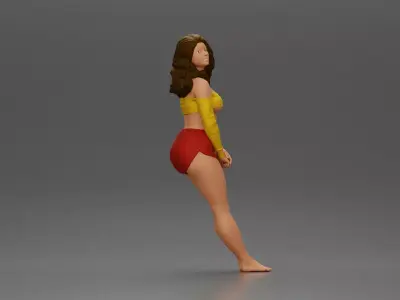 Woman in yellow top and red shorts leaning to wall 3D print model