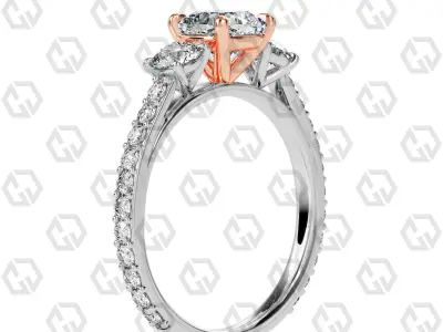 Ring 122 Cushion cathedral pave set shank 3 stone ring 3D print model