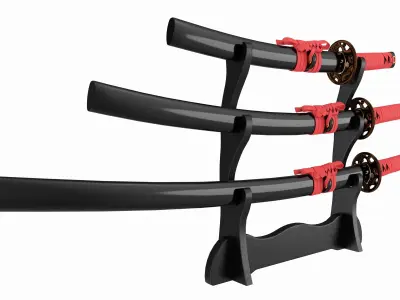 Katana Wakizashi Tanto Set on a Stand 3D model