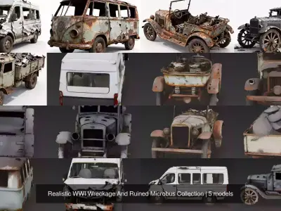 Realistic WWI Wreckage And Ruined Microbus Collection 3D Model Pack
