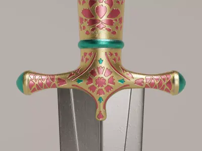 Oriental ceremonial dagger with golden handle and decorations Low-poly 3D model