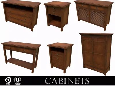 Pack of 6 Medieval Wooden Cabinets Low-poly 3D model