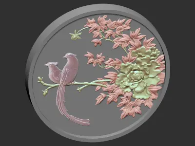 Peony bird relief 3D model