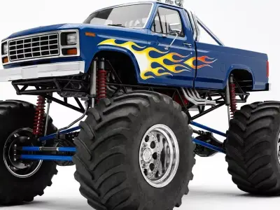 Custom Blue Monster Truck with Flame Graphics 3D model
