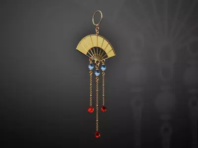 Traditional Chinese Fan Earring with Gemstones Low-poly 3D model