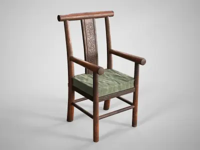 Old Wooden Armchair - Rustic Medieval Chair With Cushion Low-poly 3D model