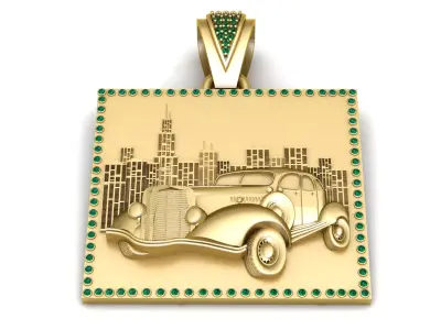 Vintage Classic Car Cityscape Pendant with Emerald Frame 3D print model