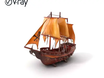 Vintage Wooden Pirate Ship Model Pack with Intricate Carvings Low-poly 3D model