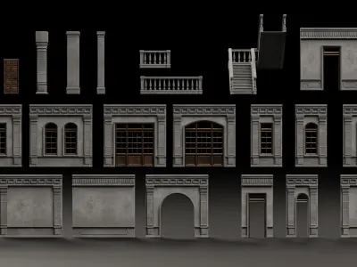 CLASSIC EUROPEAN KITBASH 04 MODULAR BUILDING WITH INTERIOR Low-poly 3D model