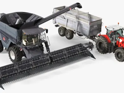 Harvester Massey Ferguson with Tractor with Agricultural Trailer 3D model