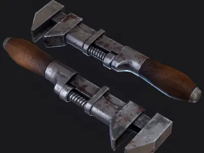 Old vintage wood handle pipe wrench Low-poly 3D model