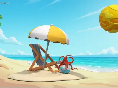  Cartoon Beach Set with Umbrella Chair and Octopus under Sun 