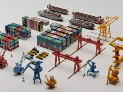 Port Logistics Container Terminal Cargo Ship Crane Asset Pack 3D model