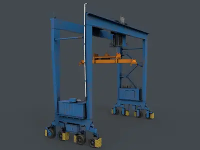 PBR Rubber Tyred Gantry Crane RTG V2 - Blue Light Low-poly 3D model