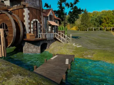 Medieval Watermill House 3D Exterior Model  Low-poly 3D model
