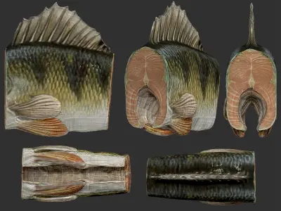 Slice and dried fish aset  Low-poly 3D model