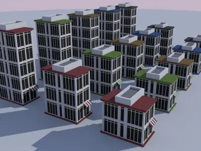 Cartoon Building Set Low Poly Building Commercial 24h Store Low-poly 3D model