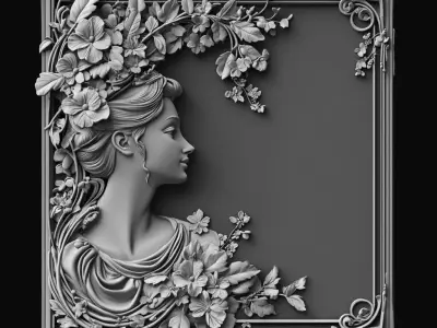 Whispers of Grace  Floral Woman Relief with Elegant Frame 3D print model