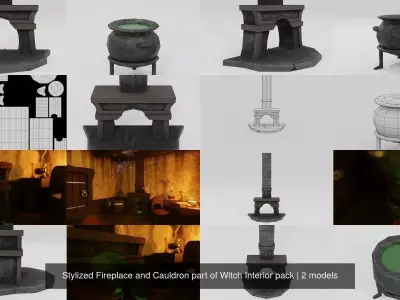 Stylized Fireplace and Cauldron part of Witch Interior pack