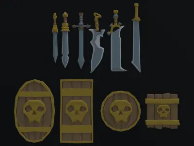 Cartoon swords and shileds Polygonal Style Low-poly 3D model