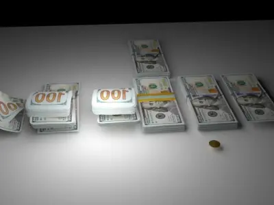 Dollar bills  stack and coins 3d model  Low-poly 3D model