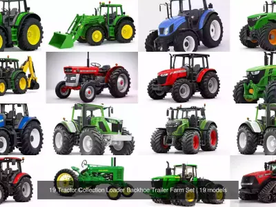 19 Tractor Collection Loader Backhoe Trailer Farm Set 3D Model Pack