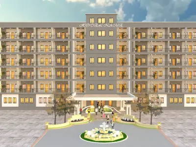 Hotel building with solar panels on roof 3D model