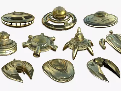 10 Alien Spaceships UFO Collection G Gold - Spacecraft Design 3D Model Pack