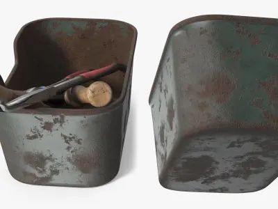 Old Hand Tool Set in Rusty Metal Tray 3D model
