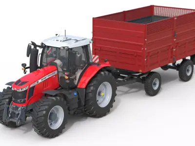 Massey Ferguson 7700S Tractor With Tipping Trailer Low-poly 3D model