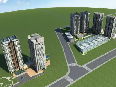 Architecture residential complex with tall buildings and area 3D model