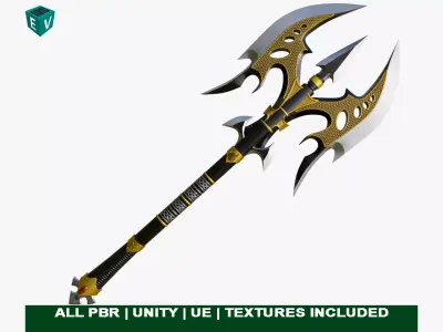  Battle Axe 01 Golden All PBR Unity UE Textures Included Low-poly 3D model