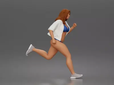 Running woman wearing top and open shirt with sneakers 3D print model