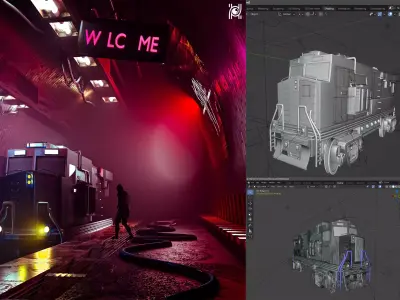 Realistic Locomotive  Underground Train Station 3D model