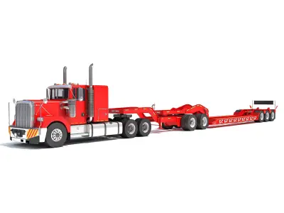 Semi Truck with Lowboy Trailer 3D model 3
