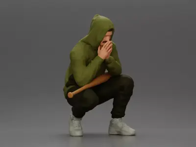 Gangster crouching low in green hoodie holding bat planning move 3D print model