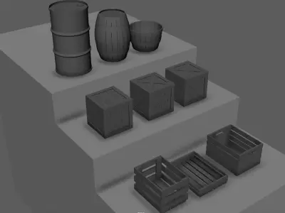 WOODEN BOXES AND BARRELS Low-poly 3D model